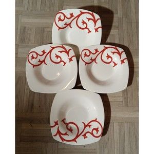 Coventry Scroll Red Contemporary Modern Large Rim Square Porcelain Bouls Set 4
